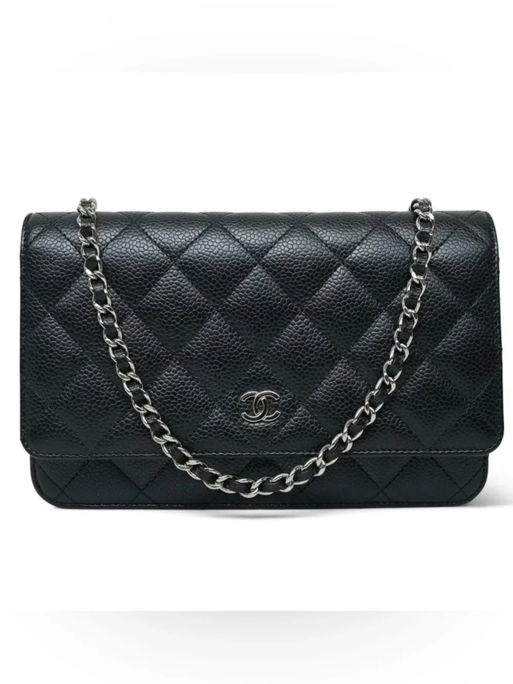 CHANEL Black Caviar Leather Quilted Wallet-on-Chain with Silver CC